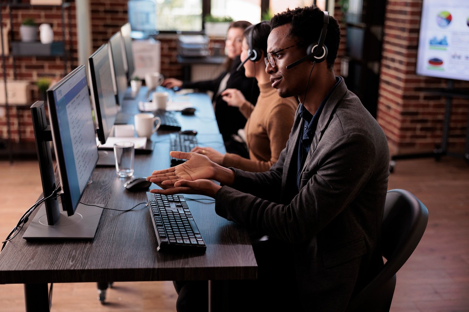 Customer service support employee working at call center